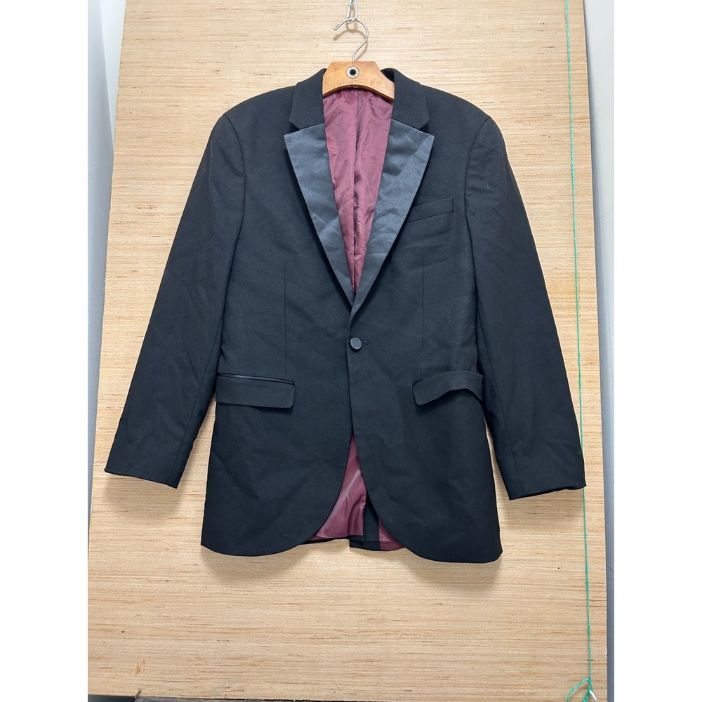 Topman‎ Mens Skinny Fit Tuxedo Blazer Black Satin Peak Lapel Burgundy Lining 36R